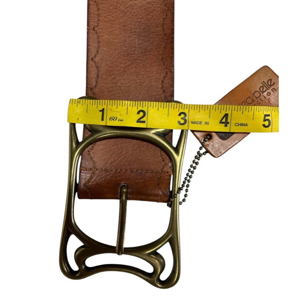 Linea Pelle Vintage Wide Brown Leather Belt Brass Design Large - Picture 6 of 14